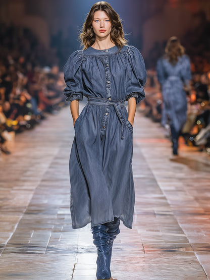 Fashionable Retro Round Neck Denim Loose Midi Dress