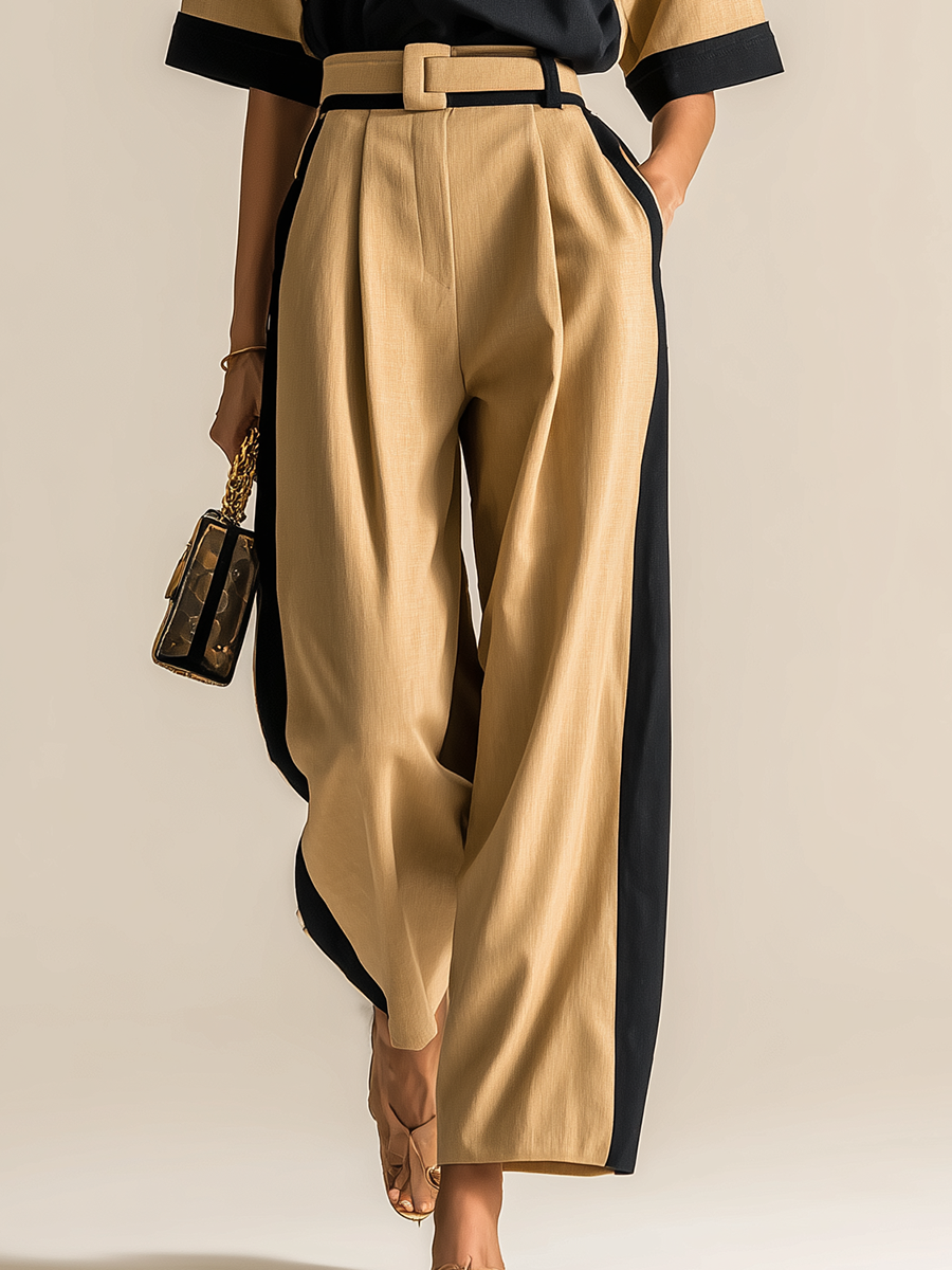 Elegant Retro-style Color-blocked Short-sleeved T-shirt And Wide-leg Pants Set