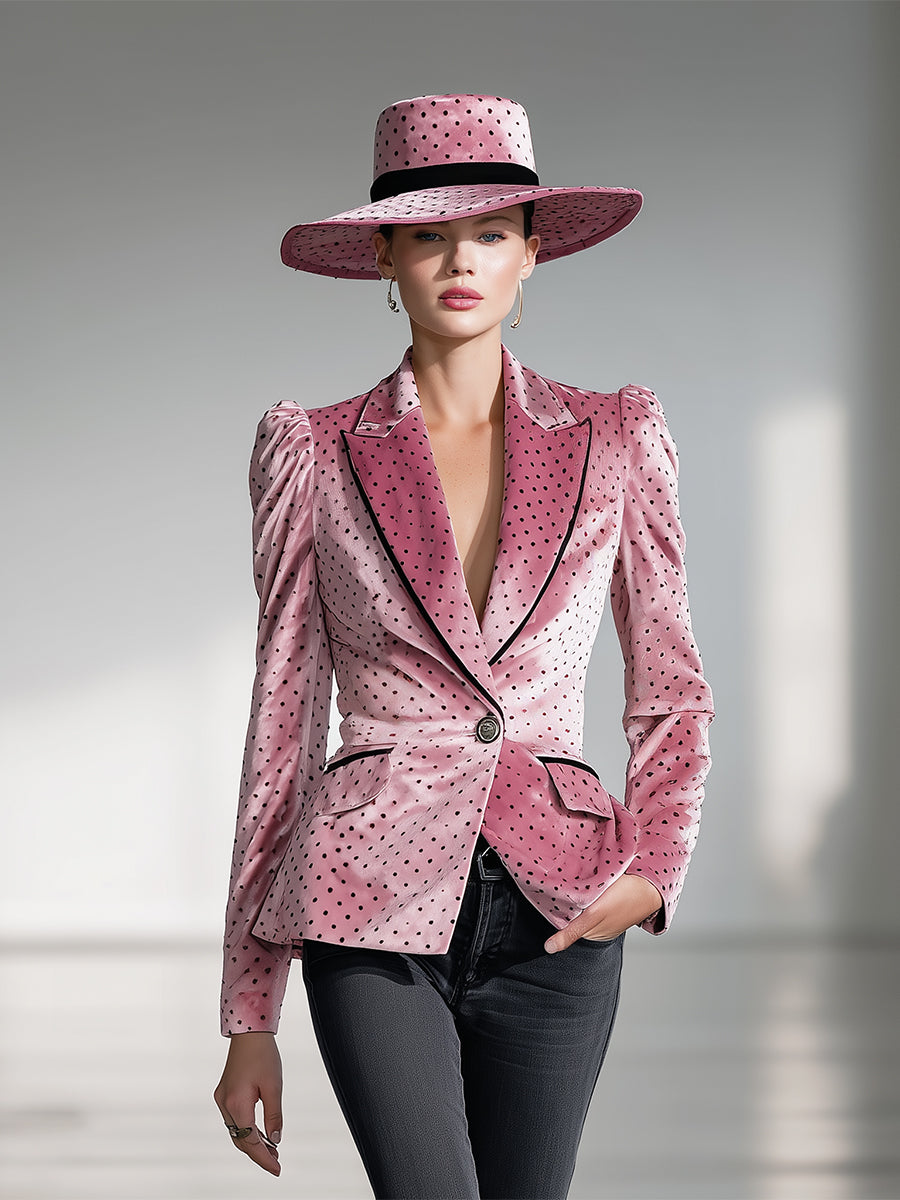 Elegant Pink Velvet Black Polka Dot Blazer