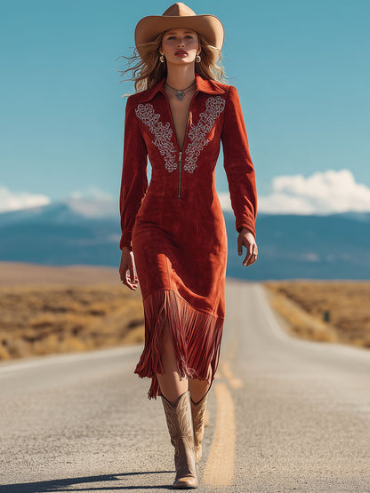 Western Retro Red Faux Suede Embroidered Long-Sleeved Tassel Midi Dress