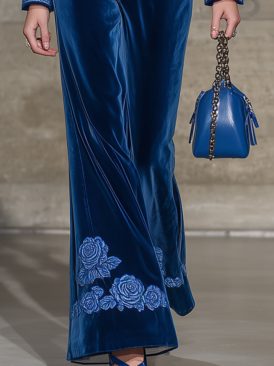 Classic Blue Round Neck Rose Embroidered Top And Flared Pants Set