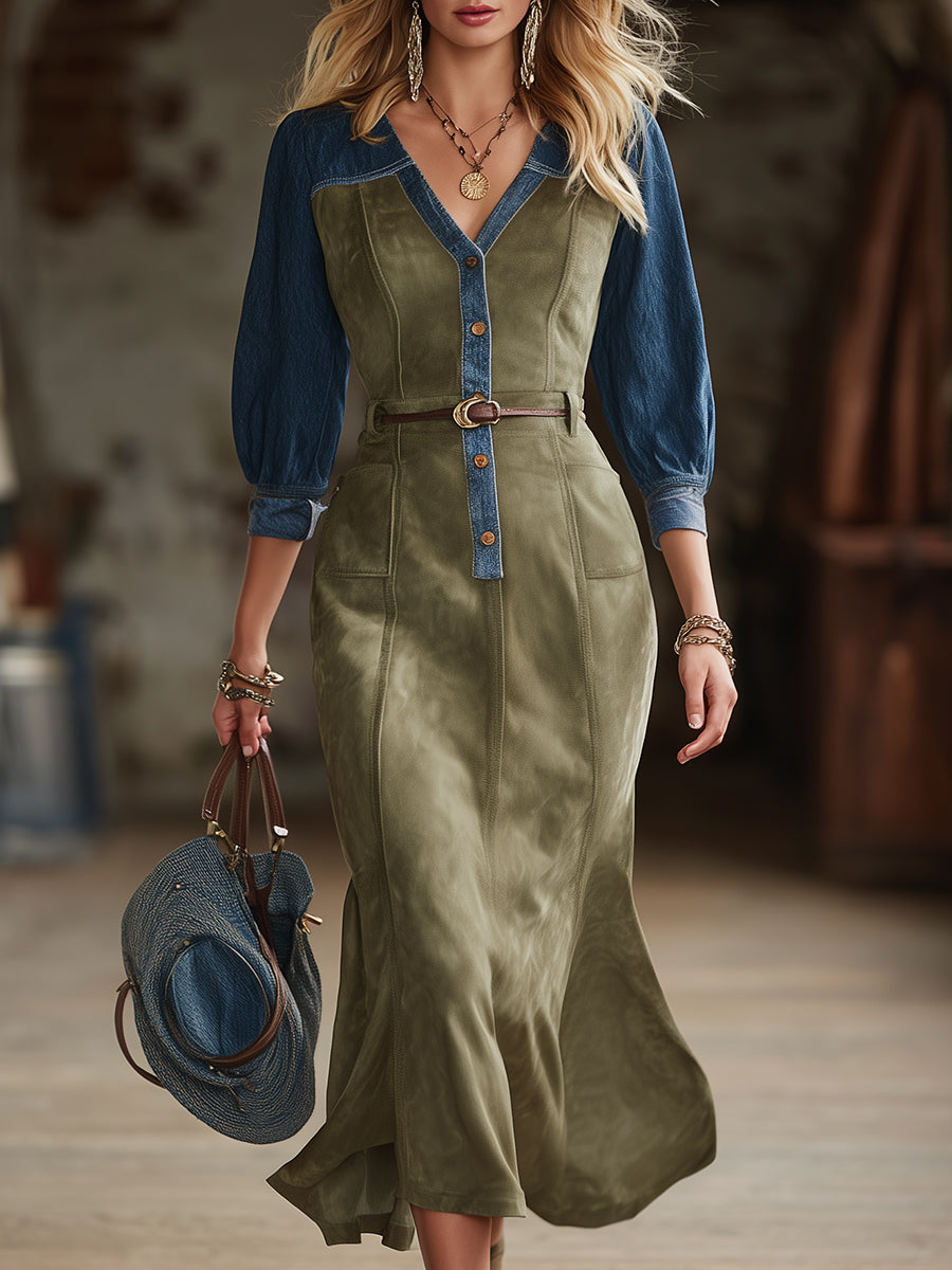 Western-style Casual Olive Green Faux Suede Patchwork Denim Midi Dress