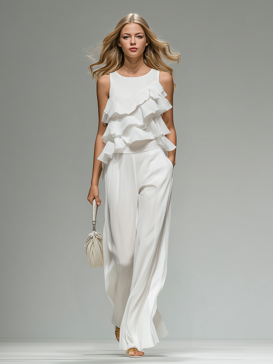 Elegant And Stylish Sleeveless Round Neck Ruffled Top And Wide-leg Trousers Set