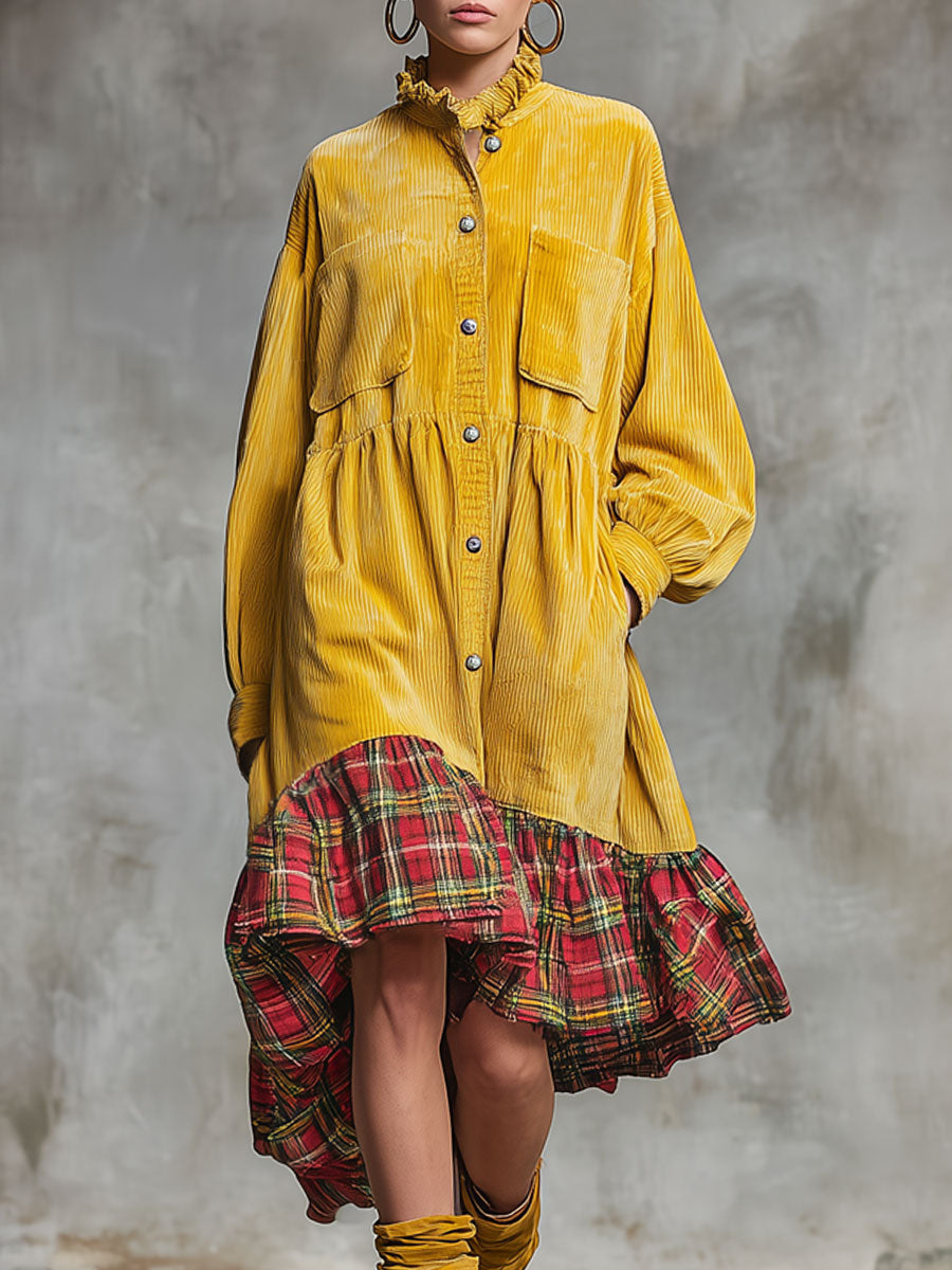 Fashionable Retro Plaid Floral Yellow Corduroy Long-sleeved Midi Dress