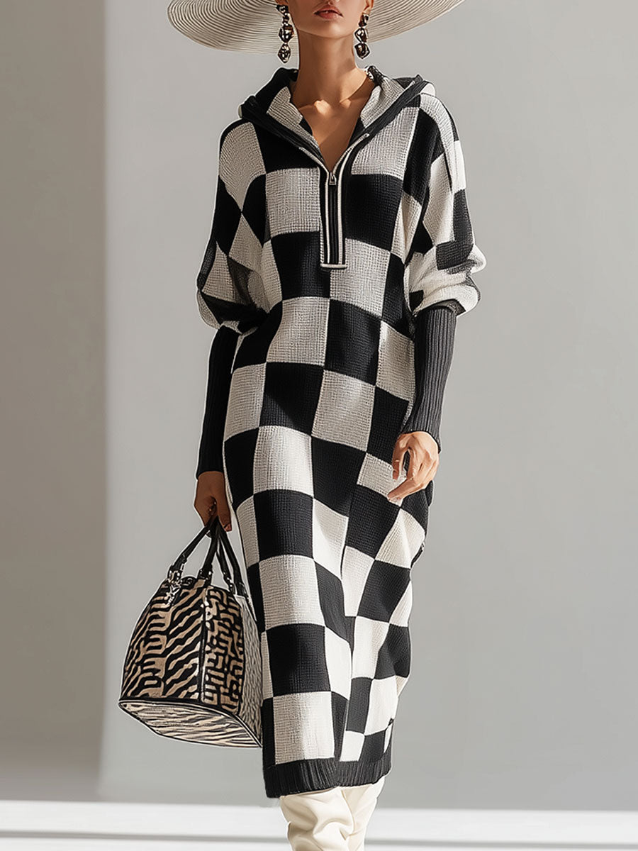 Fashionable Retro Black And White Checkered Hooded Knit Midi Dress