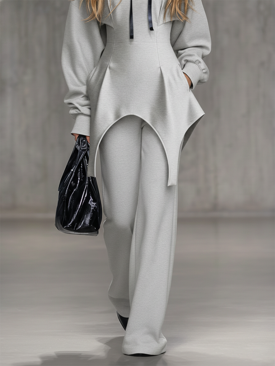 Trendy Sporty Grey Irregular Hem Hooded Sweatshirt And Pants Set