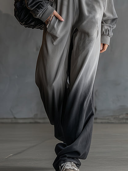 Trendy Sporty Grey Gradient Black Hooded Jumpsuit