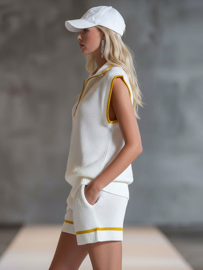 Color-block Sleeveless Zip-up Knit Top And Shorts Set