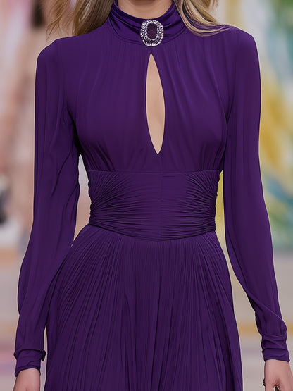 Elegant Purple Chiffon Dress With Rhinestone Button Neckline Maxi Dress