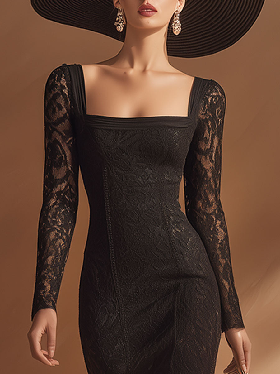 Stylish, Elegant, And Sexy Black Square-neck Lace Midi Dress