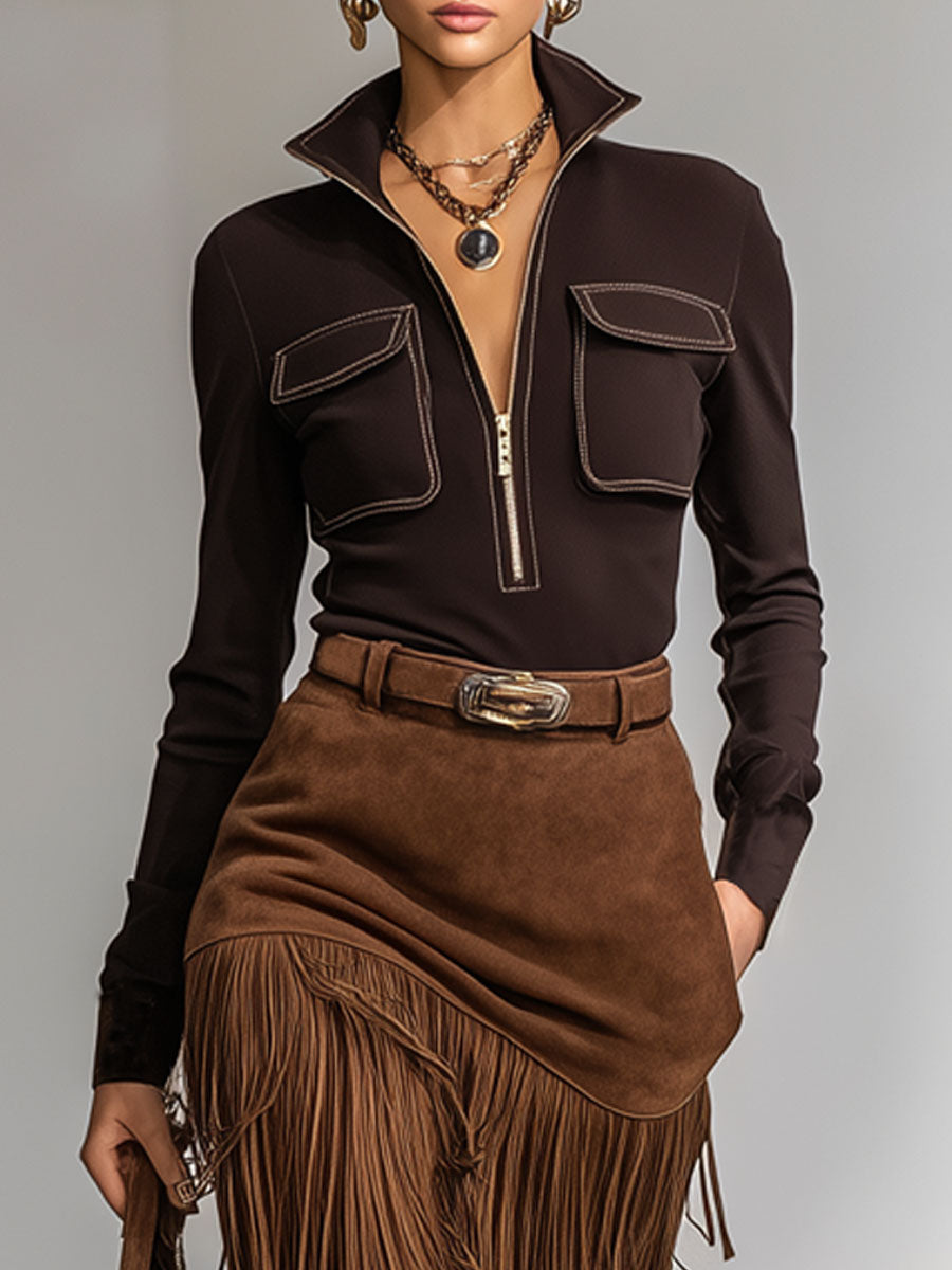 Stand-up Collar Double-pocket Long-sleeved T-shirt And Faux Suede Tassel Skirt Set