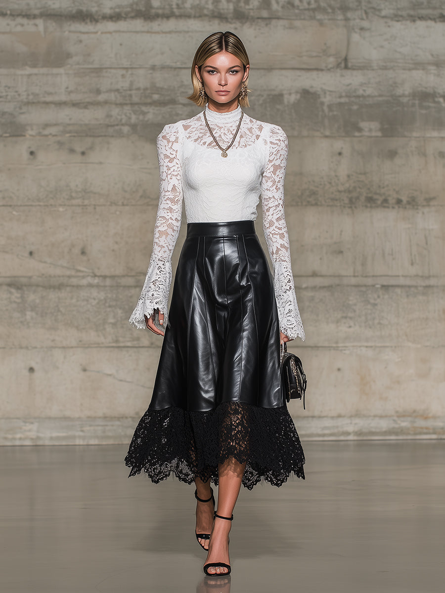 Stylish Black Faux Leather And Lace Patchwork Midi Skirt