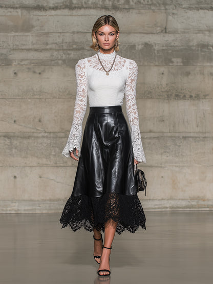 Stylish Black Faux Leather And Lace Patchwork Midi Skirt