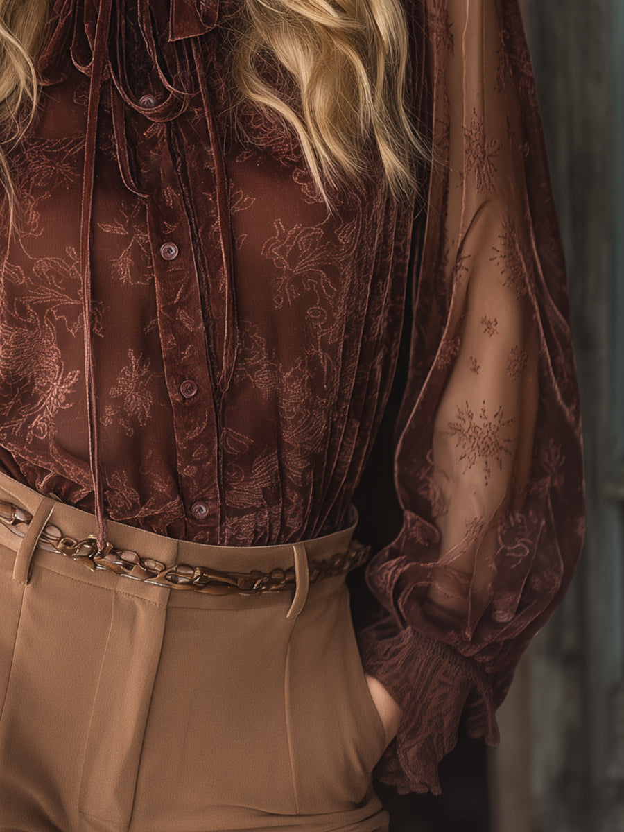 Retro Western-style Chiffon Printed Long-sleeved Brown Velvet Shirt