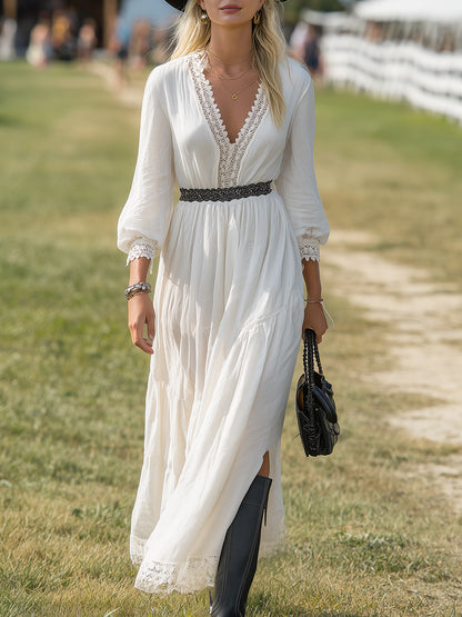 Western-style White Cotton And Linen Blend With Lace Inserts And A Side Slit Maxi Dress