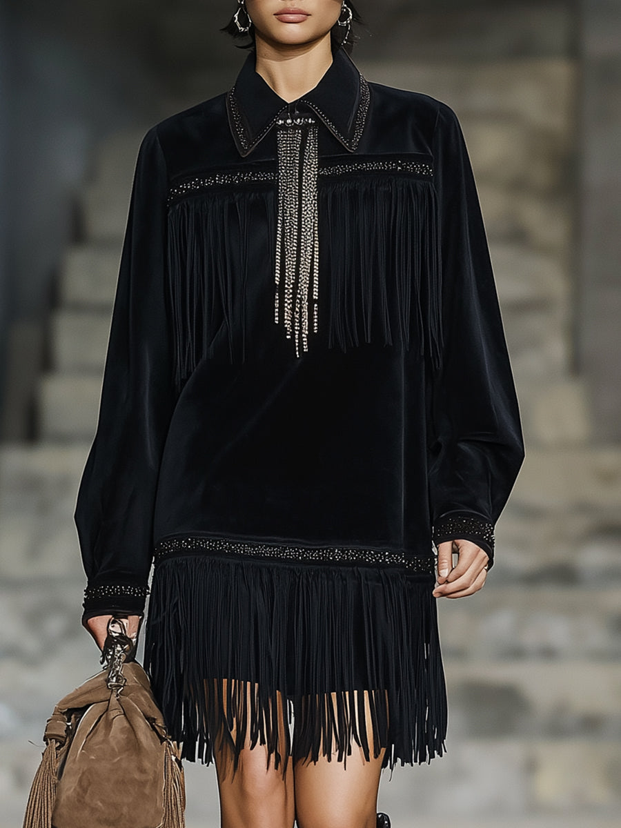 Stylish Black Faux Suede Patchwork Webbing And Tassel Mini Dress