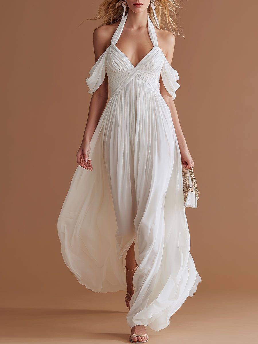 Elegant Vacation-style White Halter Neck V-neck Chiffon Maxi Dress