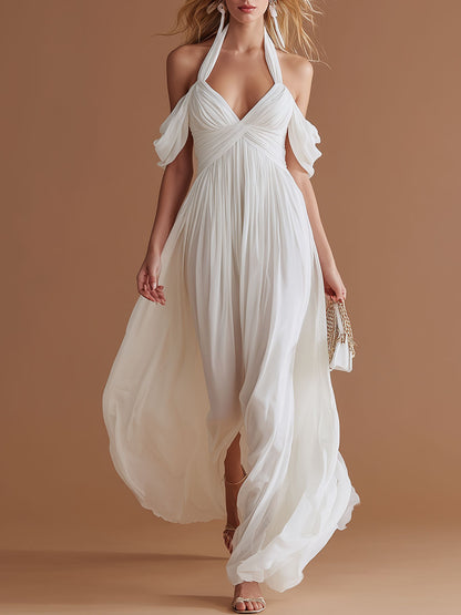 Elegant Vacation-style White Halter Neck V-neck Chiffon Maxi Dress
