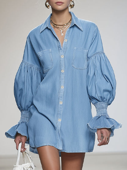 Lapel Collar Single-breasted Dropped-shoulder Puff-sleeved Denim Mini Dress