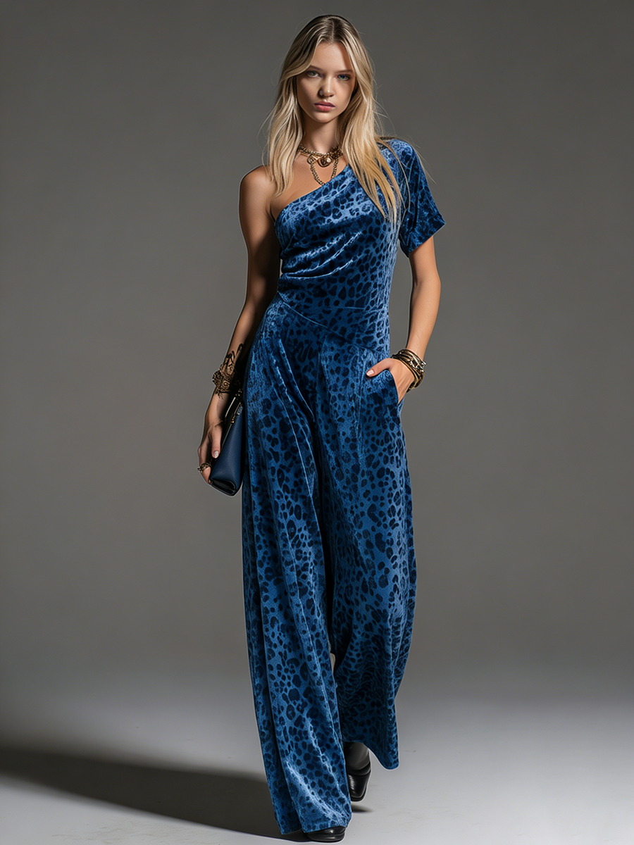 Stylish Retro One-shoulder Short-sleeved Leopard Print Velvet Jumpsuit