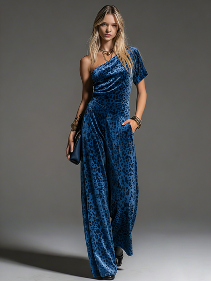 Stylish Retro One-shoulder Short-sleeved Leopard Print Velvet Jumpsuit