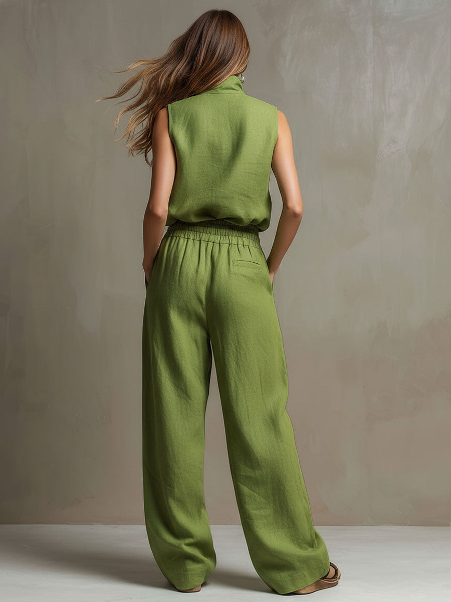 Casual Retro Green Cotton Linen Sleeveless Zip-up Shirt And Wide-leg Pants Set