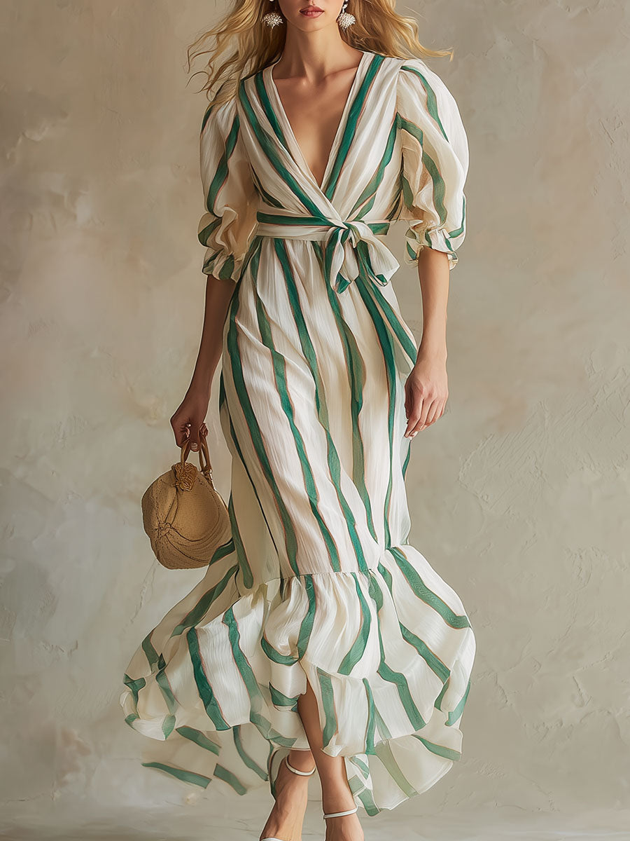 Stylish And Elegant Color-blocked Striped Chiffon Midi Dress