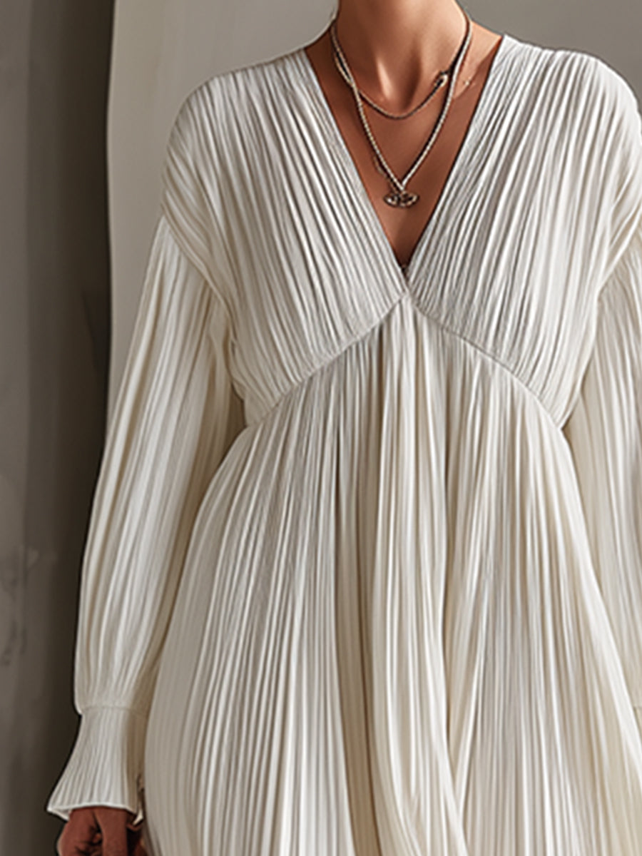 Elegant Urban Silhouette White Pleated Maxi Dress