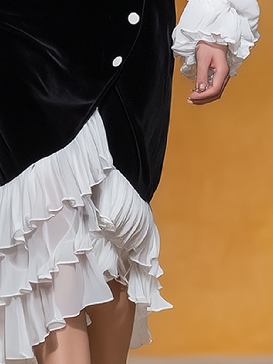 Stylish And Elegant White Chiffon And Black Velvet Mid-length Dress.