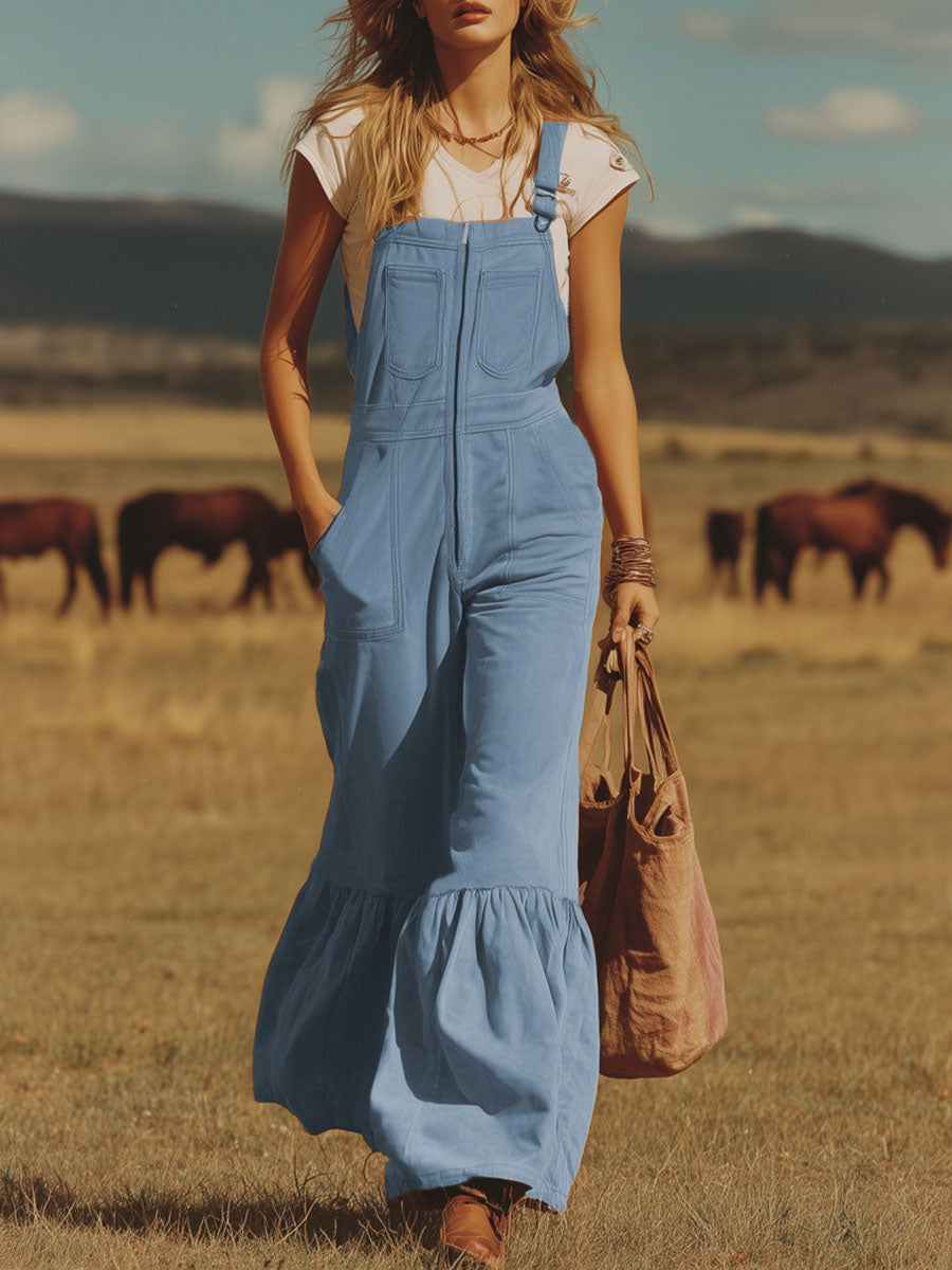 Zipper Closure Multiple Pockets Blue Faux Suede Overalls