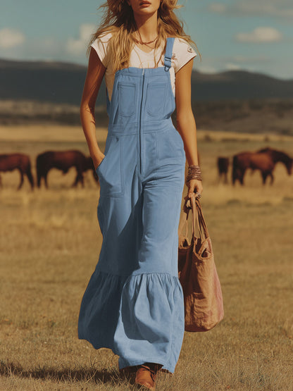 Zipper Closure Multiple Pockets Blue Faux Suede Overalls