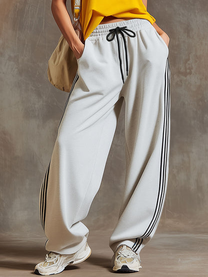 Sporty Retro Striped White-grey Cotton Blend Wide-leg Pants