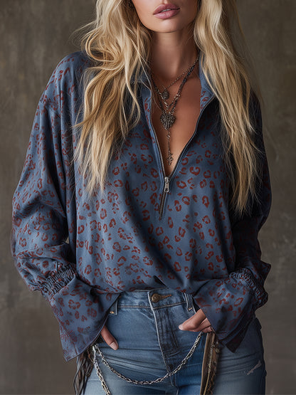 Western-style Casual Leopard Print Blue Faux Suede Shirt