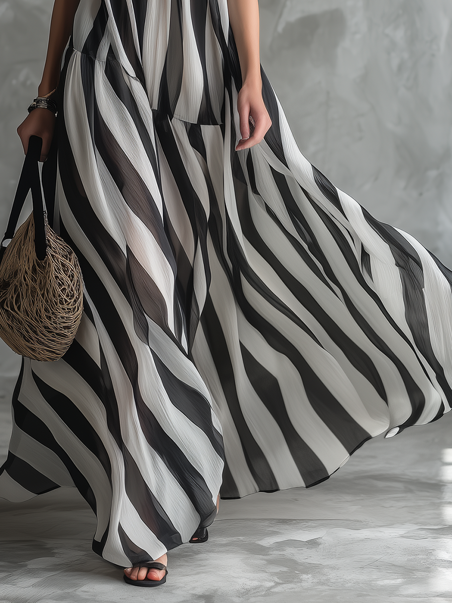 Stylish Relaxed Resort-style Stand-collar Striped Chiffon Maxi Dress