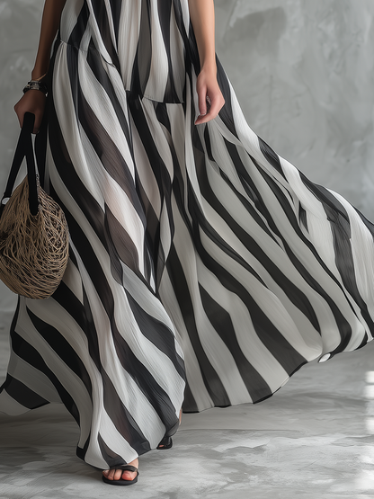 Stylish Relaxed Resort-style Stand-collar Striped Chiffon Maxi Dress