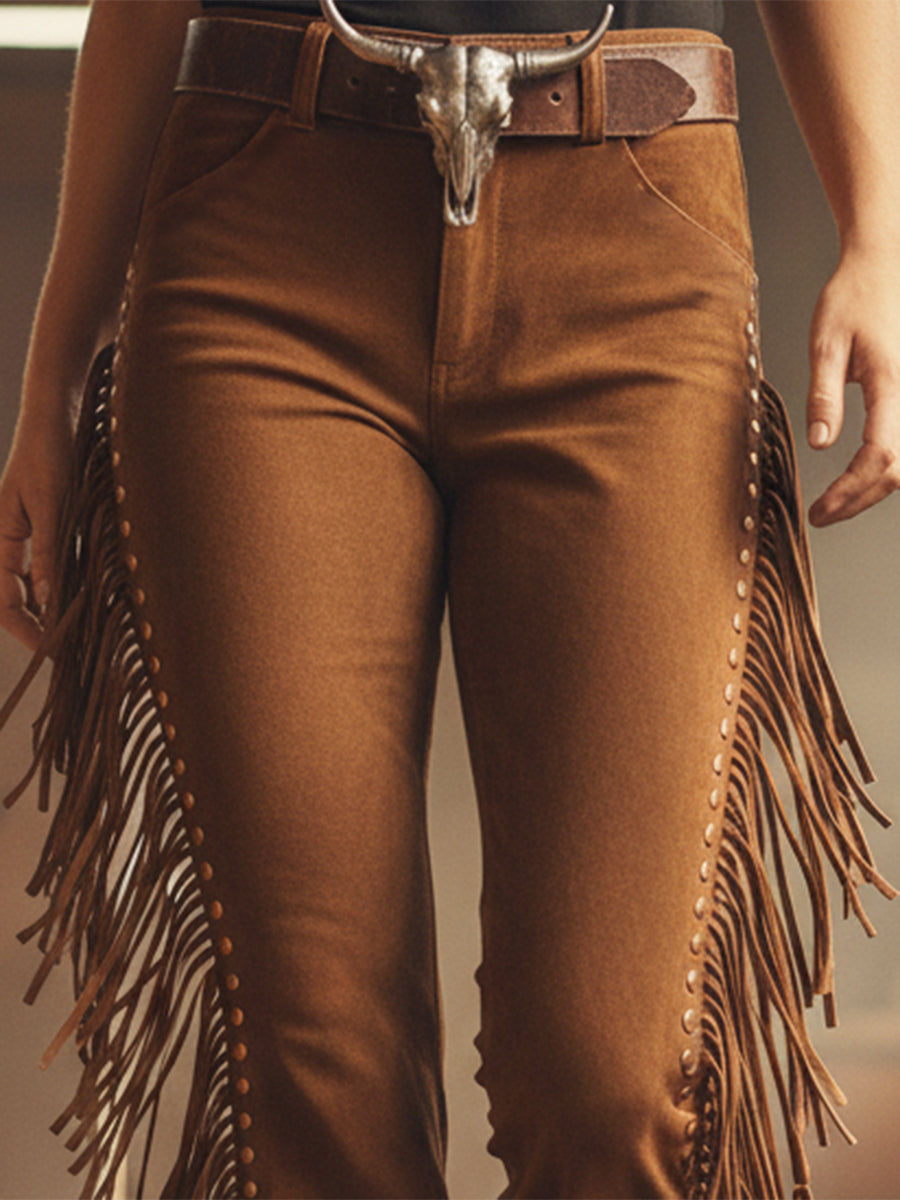 Western-style Brown Faux Suede Patchwork Tassel Studded Flared Trousers