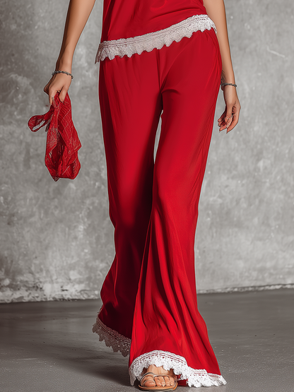 Stylish Casual Retro V-neck Lace Trim Short Sleeve T-shirt And Wide-leg Pants Set