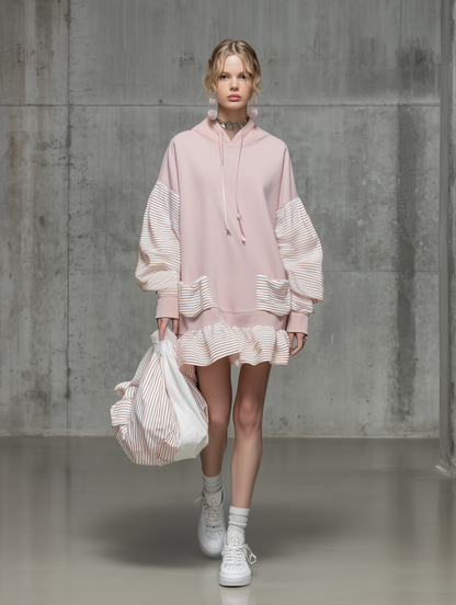 Casual Straight-cut Pink Mini Dress With Striped Paneling.