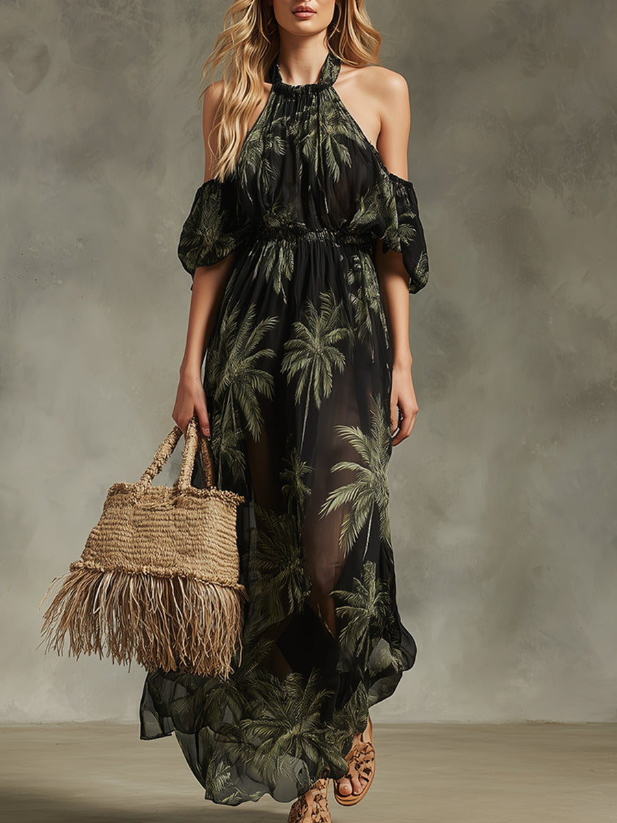 Elegant Vacation Black Chiffon Halter-neck Maxi Dress