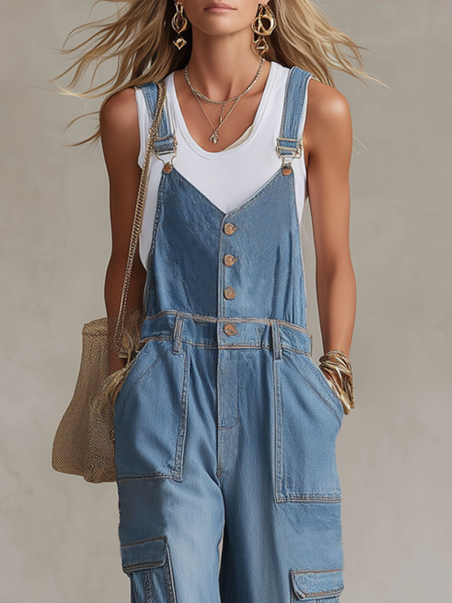 Multi-pocket Adjustable Strap Button Overalls