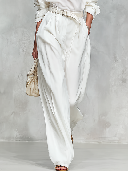 Elegant High-quality Zip-up Collar Long-sleeved Shirt And Wide-leg Pants Set