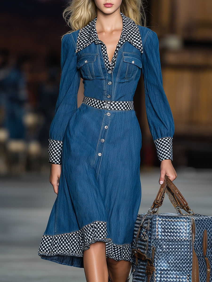 Western Blue Denim Patchwork Black And White Checkered Button Midi Dress