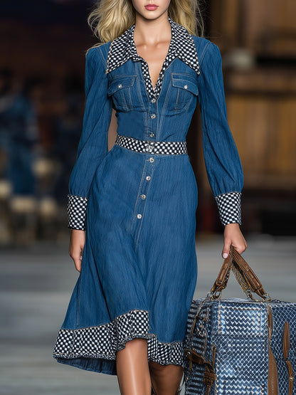 Western Blue Denim Patchwork Black And White Checkered Button Midi Dress