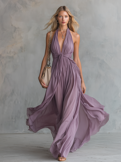 Elegant And Stylish Halter Neck V-neck Sleeveless Chiffon Maxi Dress