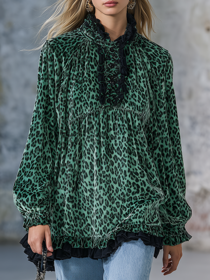Vintage Elegant Charming Leopard Print Velvet Long-sleeved T-shirt