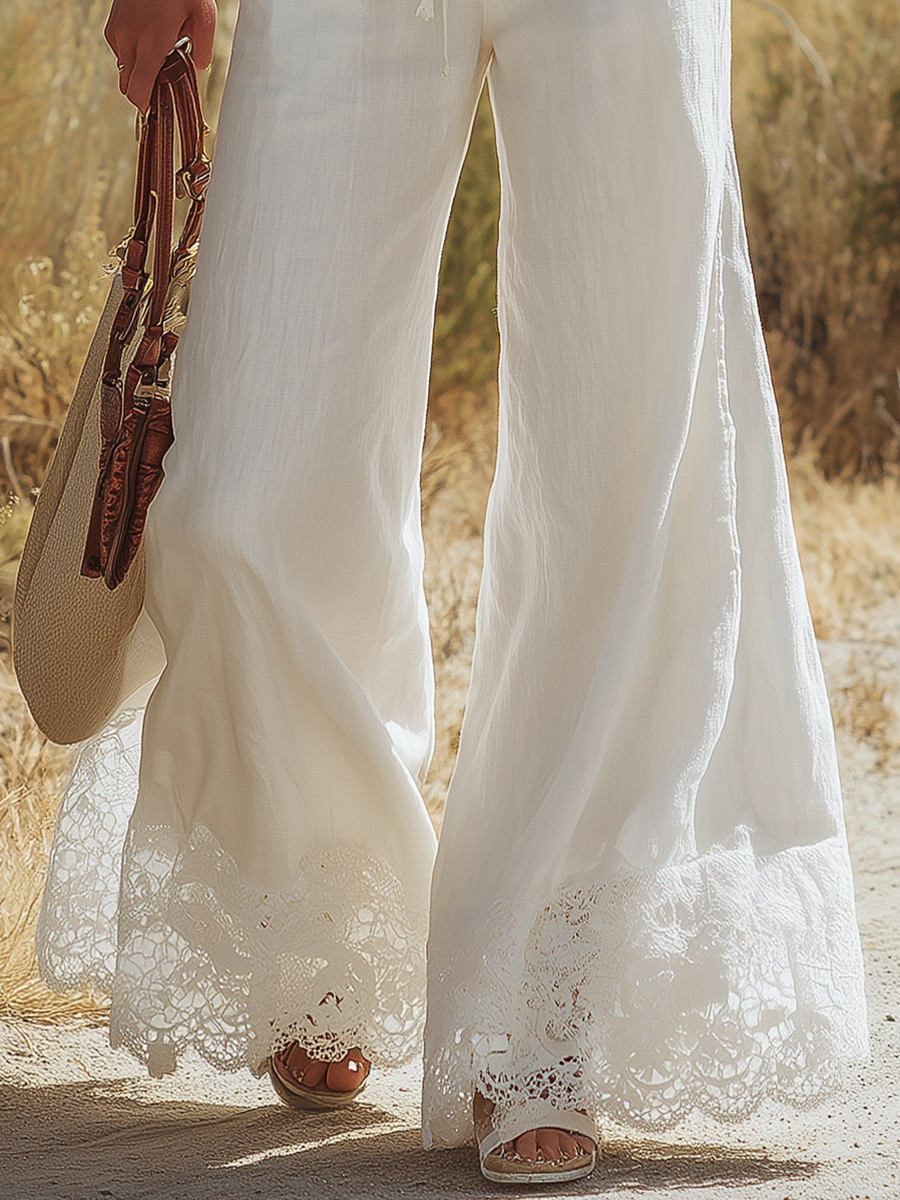 Vintage Western Style Lace-paneled Cotton And Linen Wide-leg Trousers