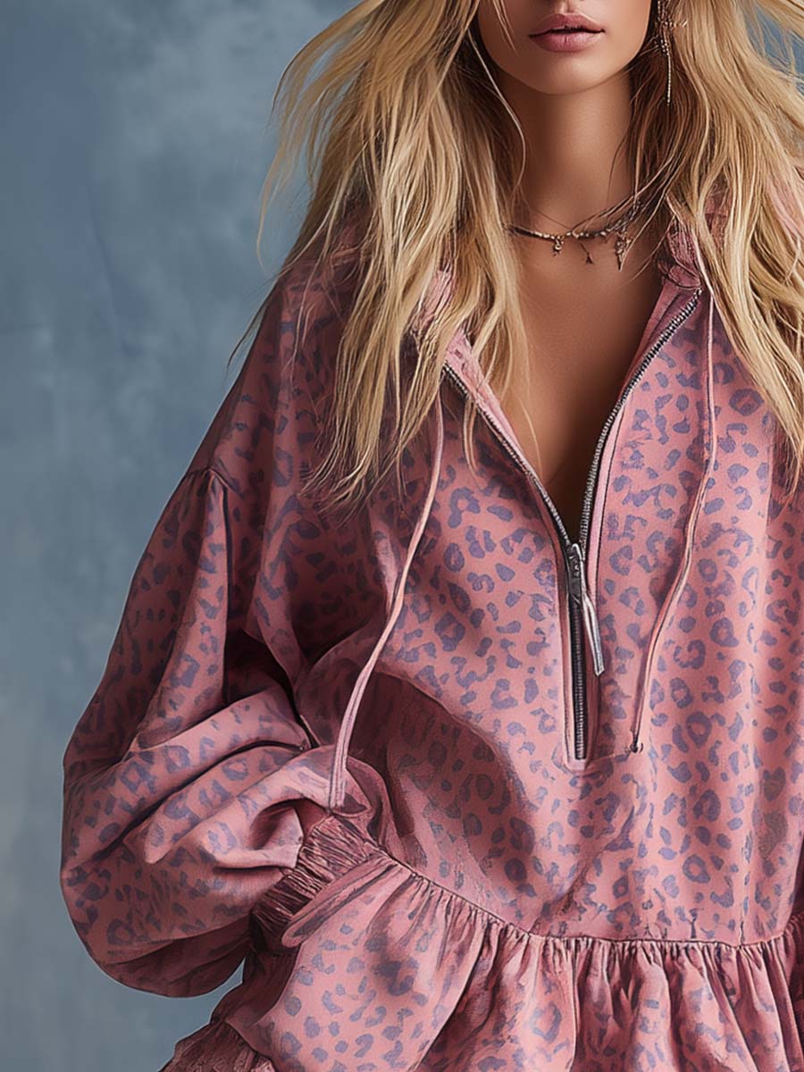 Elegant Western Hooded Front Zipper Ruffled Hem Pink Leopard Print Suede Mini Dress