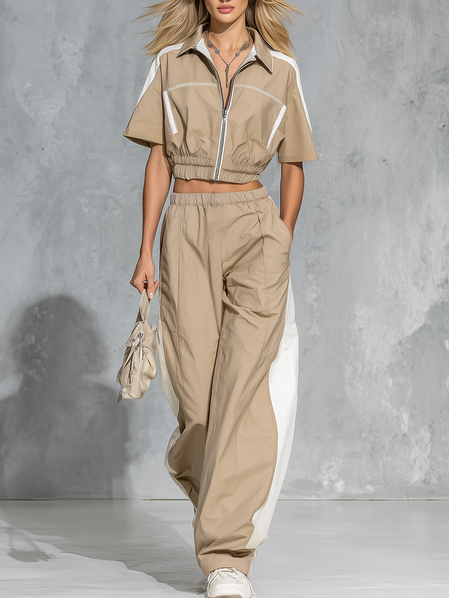 Sporty Casual Collared Zip-up Short-sleeved Top Paired With Trousers Set