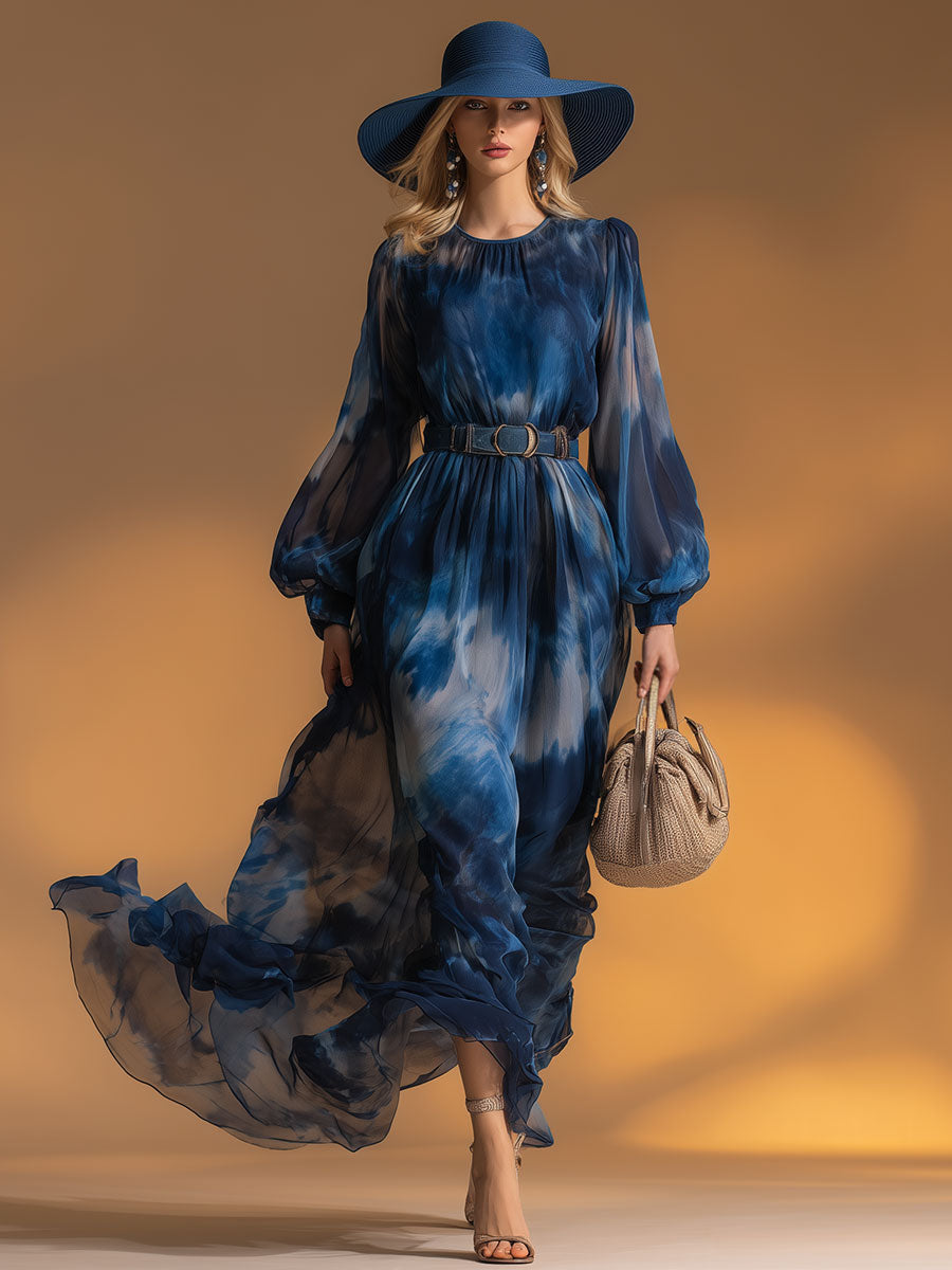 Retro Style Blue Printed Chiffon Midi Dress