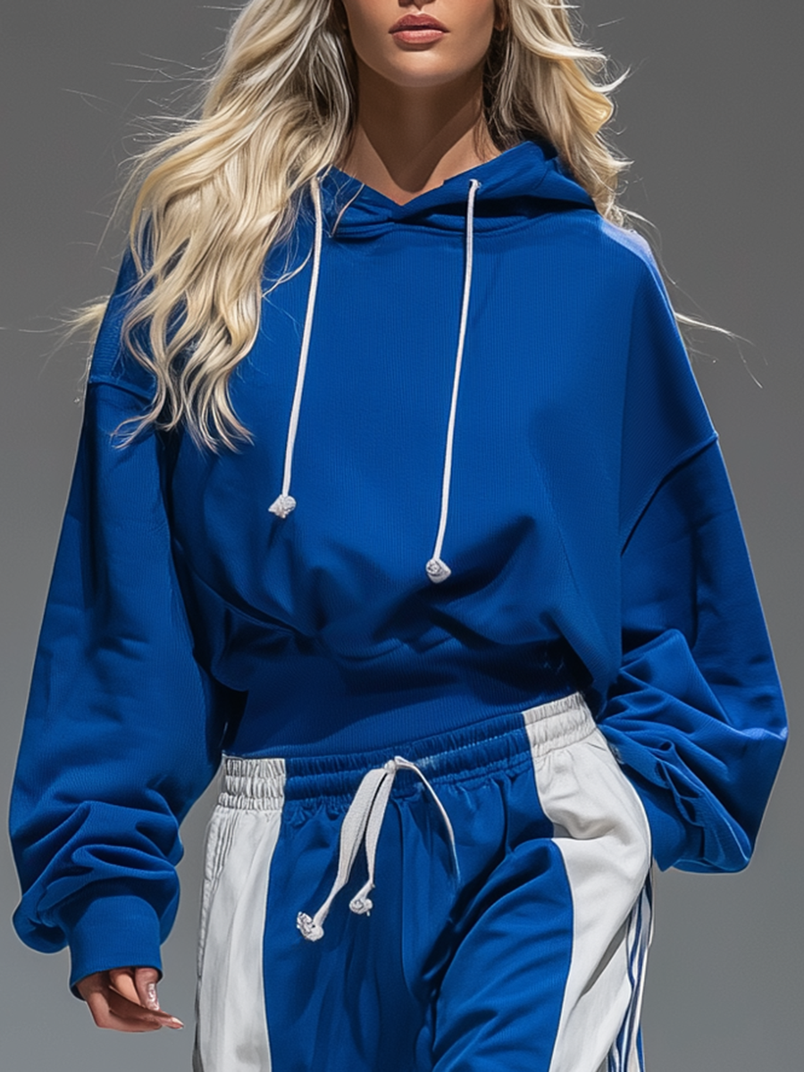 Retro Sporty Hoodie And Striped Wide-leg Pants Set